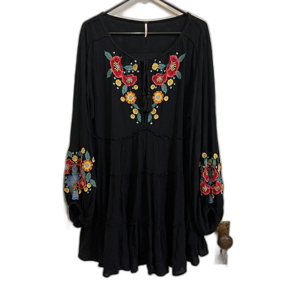 Free People Black Spell On You Embroidered Smock Ruffle Dress Women's Size Small - Picture 2 of 9